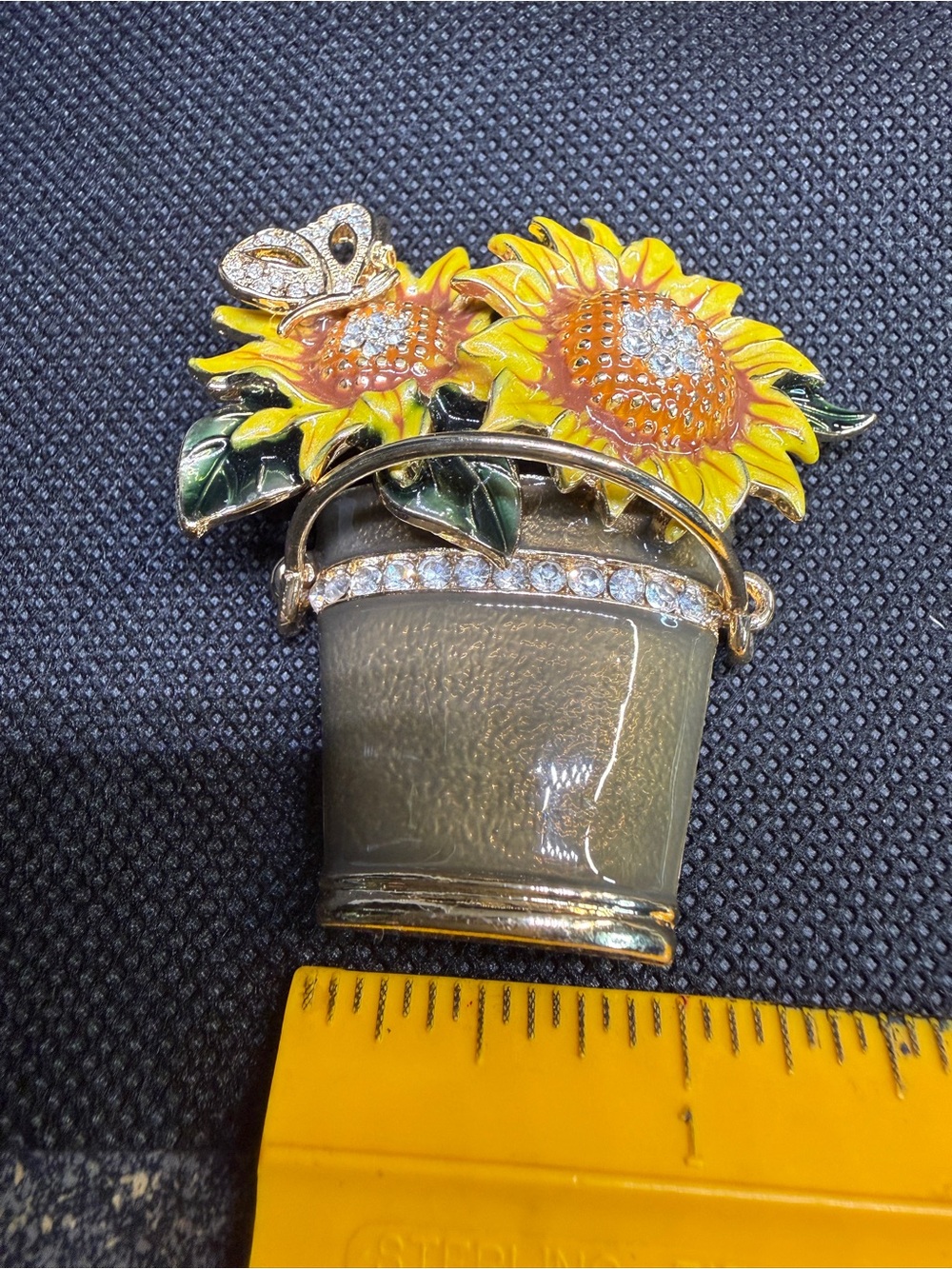 Napier Brooch Gold Tone Sunflower Butterfly Pot with Crystal & Enamel Accent - Picture 7 of 11